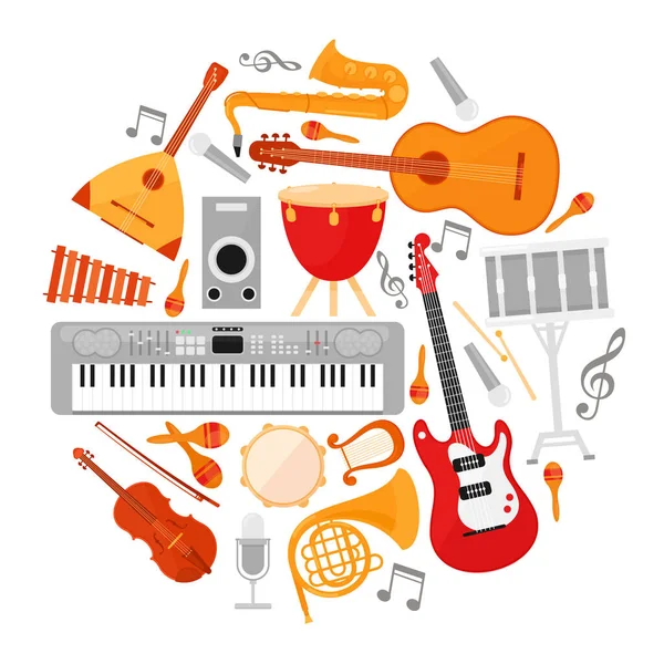 Acoustic and electronic music instruments flat vector illustrations set. Guitars drum with sticks isolated on white background. String and wind instruments pack. French horn, maracas, microphone. — Stock Vector