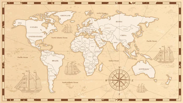 Flache Vektorillustration der alten Weltkarte. Antikes Pergament mit Länder- und Ozeannamen. Jahrgangsdokument mit Kontinenten, Schiffen und Windrosenzeichnungen. Weltweite Erkundung der Geographie. — Stockvektor