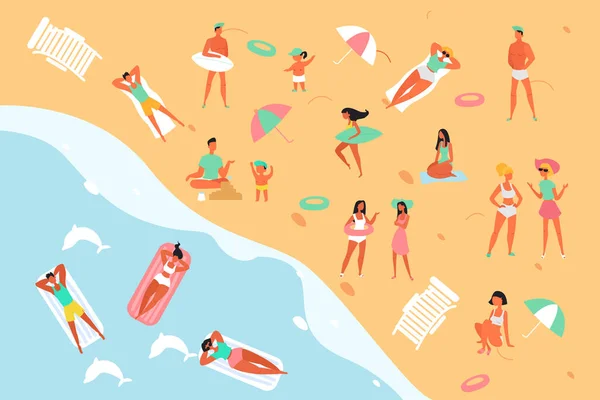 Verano relajar a la gente en el mar, mar playa diseño plano estilo vector gráfico ilustración concepto — Archivo Imágenes Vectoriales