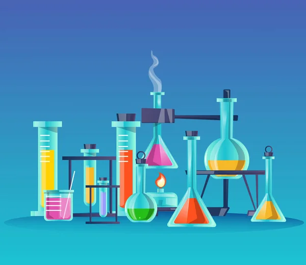 Glass flasks flat vector illustration. Scientific laboratory items, chemical lab equipment, experiment attributes. Containers with color liquid in cartoon style isolated on blue background. — Stock Vector