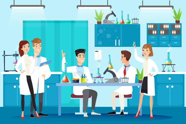 Scientific laboratory flat vector illustration. Chemical lab experiment, study, research. People in white gowns, scientists at workplace working together characters in cartoon style. — Stock Vector