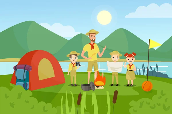 Scouts with teacher flat vector illustration. Camping, outing, summertime activity, recreation, outside leisure. Young campers, man and preschool children characters in cartoon style. — Stock Vector