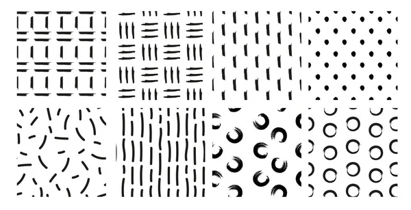 Vector illustration set of hand drawn seamless patterns, textures. design elements collection. points, strokes, ornament in grunge style on white background. — Stock Vector