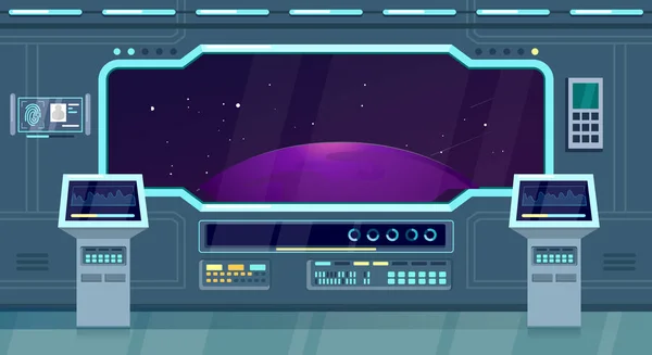 宇宙船、シャトルや船のインテリアフラットベクトルイラストゲームの背景。宇宙旅行の未来 — ストックベクタ