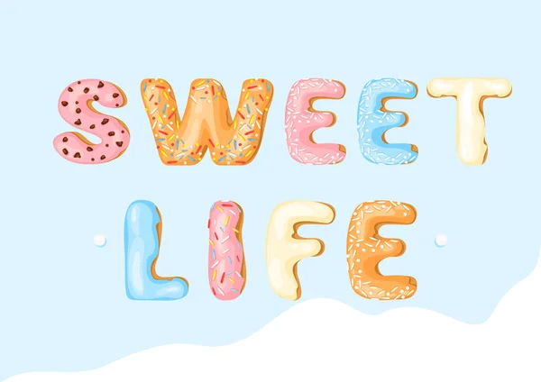 Sweet life dessin animé couleur vecteur illustration concept de boulangerie lettres — Image vectorielle
