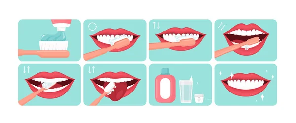 Juego de ilustración de vectores de dibujos animados planos concepto de instrucción de limpieza de dientes para pancarta, póster — Archivo Imágenes Vectoriales
