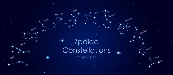 Constelaciones establecidas en azul oscuro ilustración vectorial cielo nocturno. Concepto de astronomía, estrellas en diferentes constelaciones de horóscopo en galaxia, plantilla web. — Vector de stock