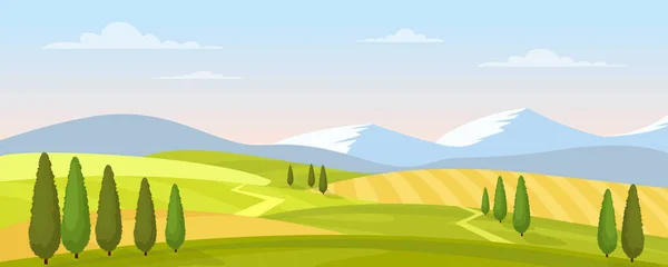 Paysage rural en été illustration vectorielle, dessin animé campagne plat paysage agricole avec herbe verte champ agricole, montagnes et arbres fond — Image vectorielle