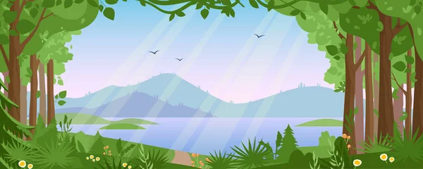 夏の森のベクトル図、緑の木々、川の湖の水、山の背景のシルエットと漫画の平坦な田舎の美しい自然と山の風景 — ストックベクタ