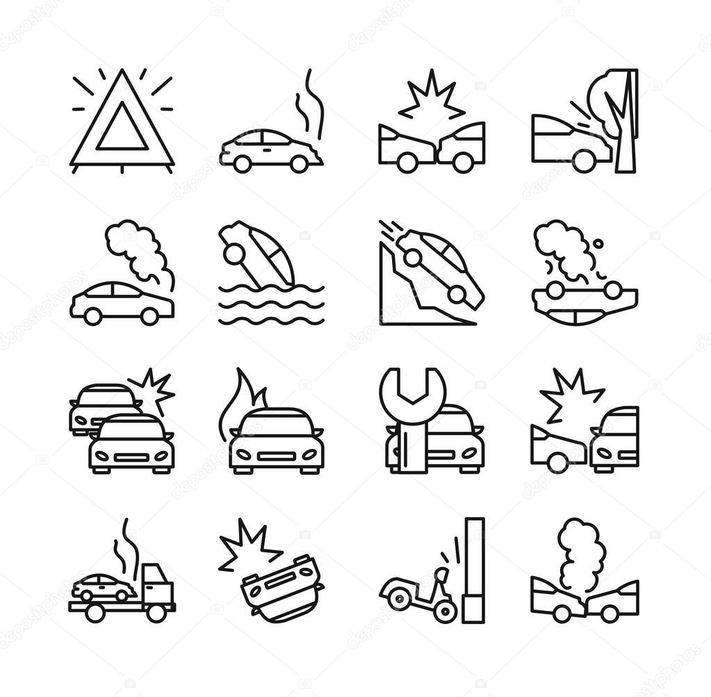 Vector illustration of road accident icon set. Collection of line icons of different types car crash, passenger car, motorcycle and bus, linear design isolated on white background