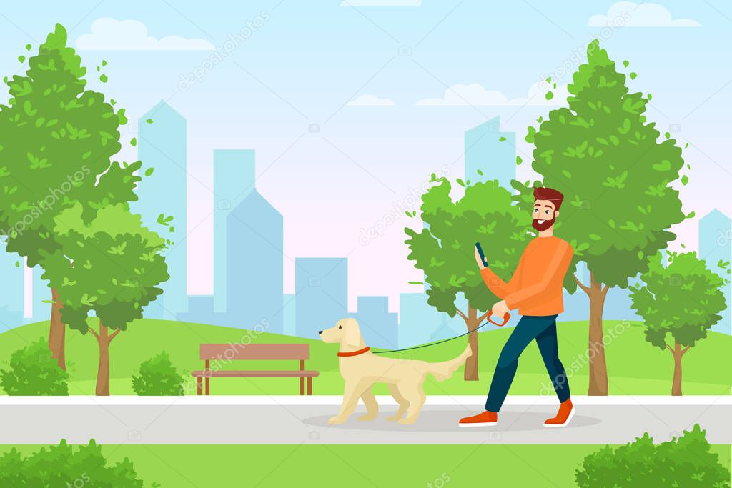 Man with dog flat vector illustration. Morning stroll, summertime city recreation, leisure in park. Guy walking pet character in cartoon style, young boy with domestic animal on cityscape.