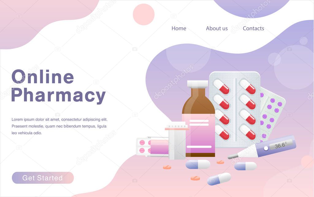 Vector illustration of online pharmacy concept. Medical supplies, bottles liquids, pills with place for text. Drug store web page template, pharmacy purchases.