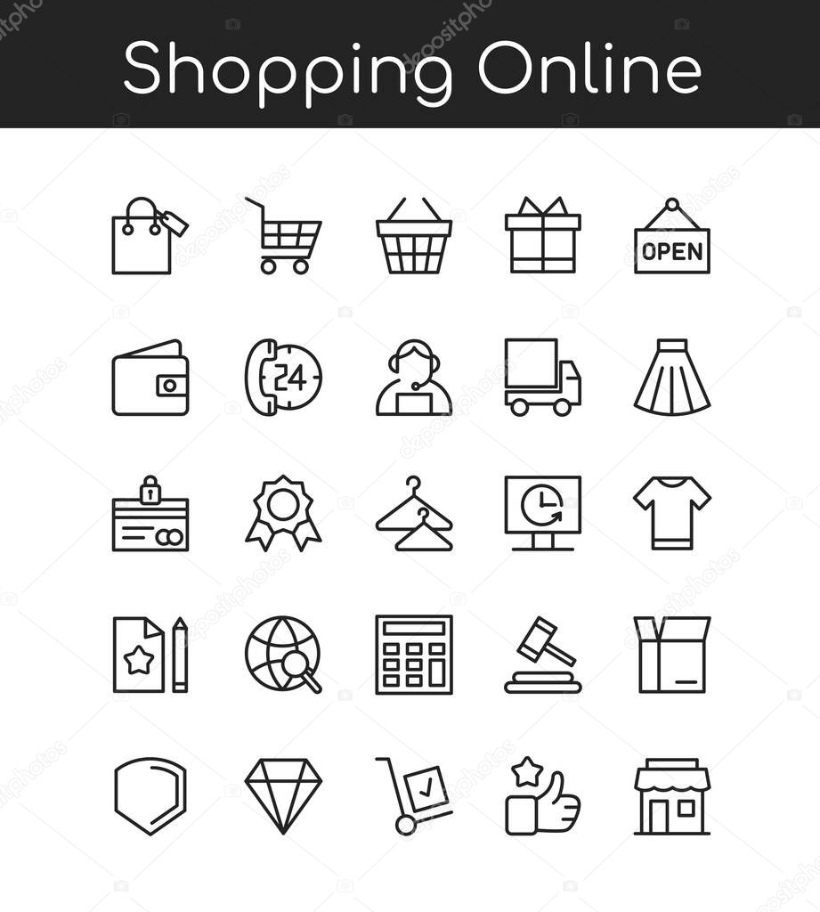 Shopping icons line outline vector illustration set with title for shopping online