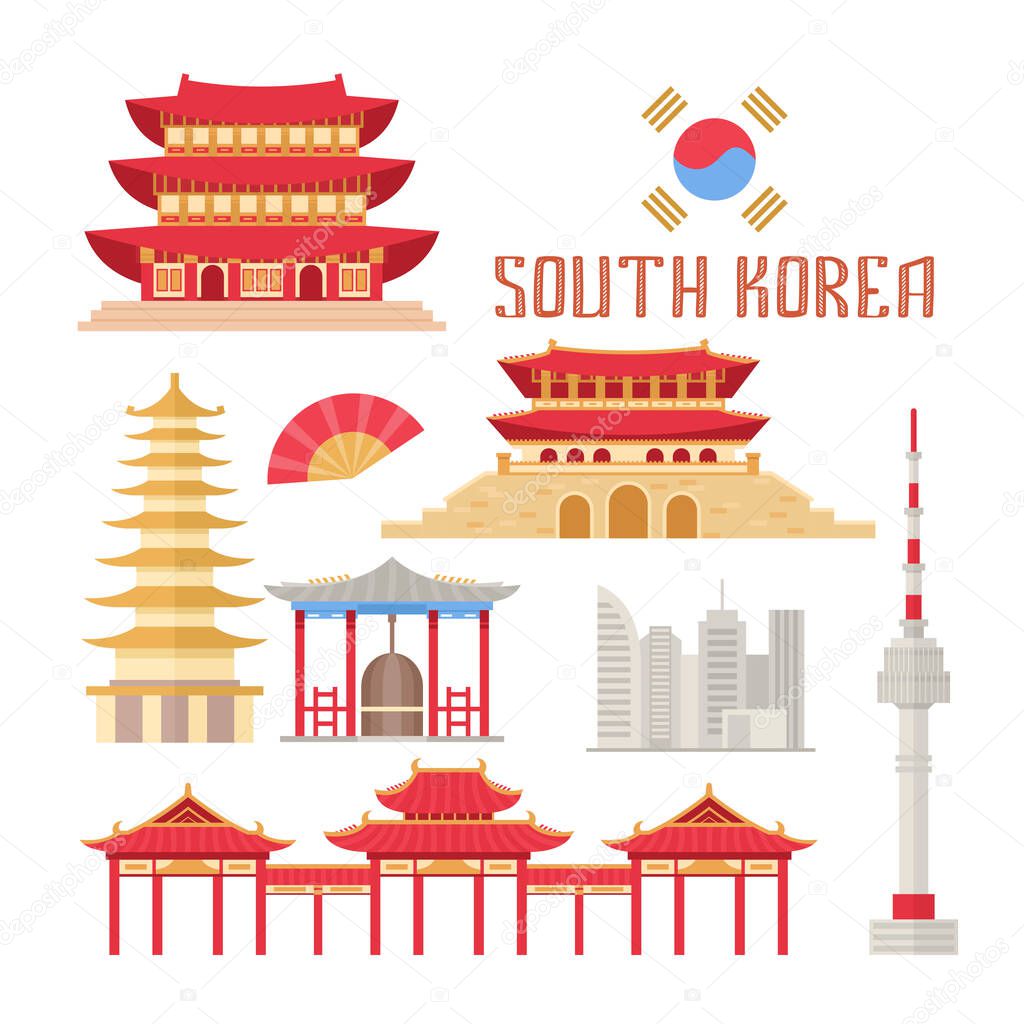 South Korea showplace flat vector illustration. Korean buildings and traditional attributes, Eastern culture items set. Buddhist temples and architecture memos isolated on white background.