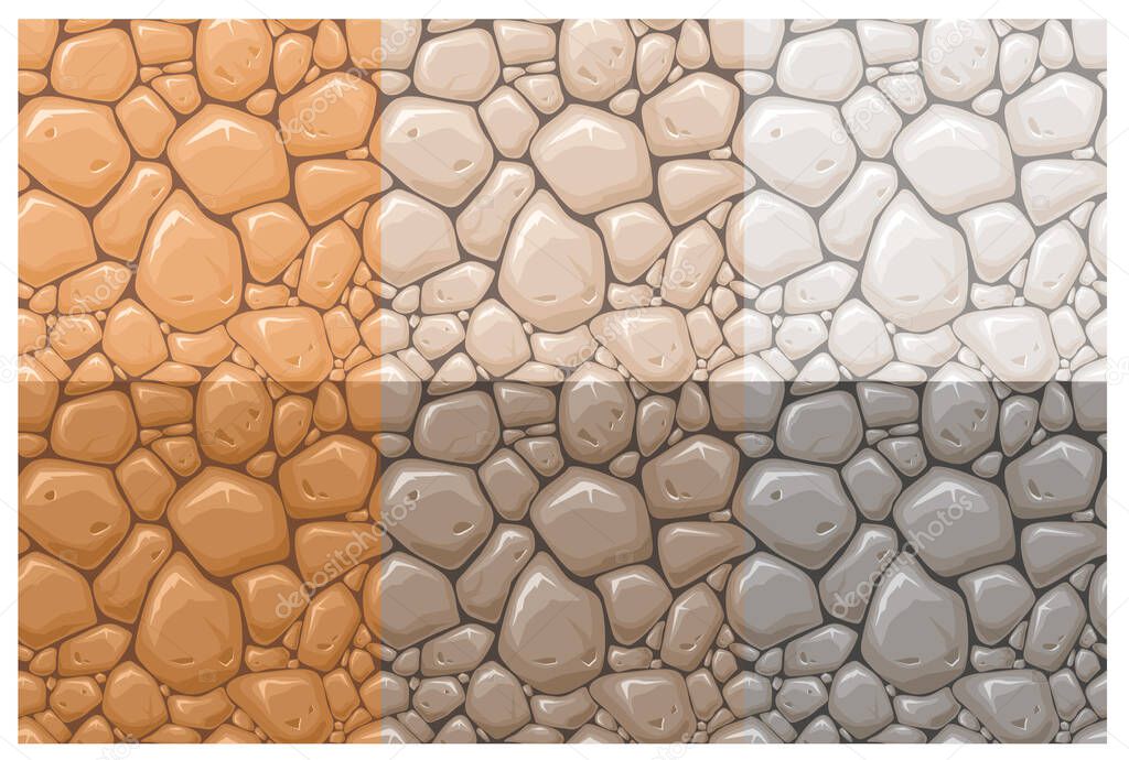 Stone surface vector seamless patterns set. Multicolor rocks, cobblestone textures collection. Orange, brown and grey stone wall background. Vintage wallpaper, creative textile print design.