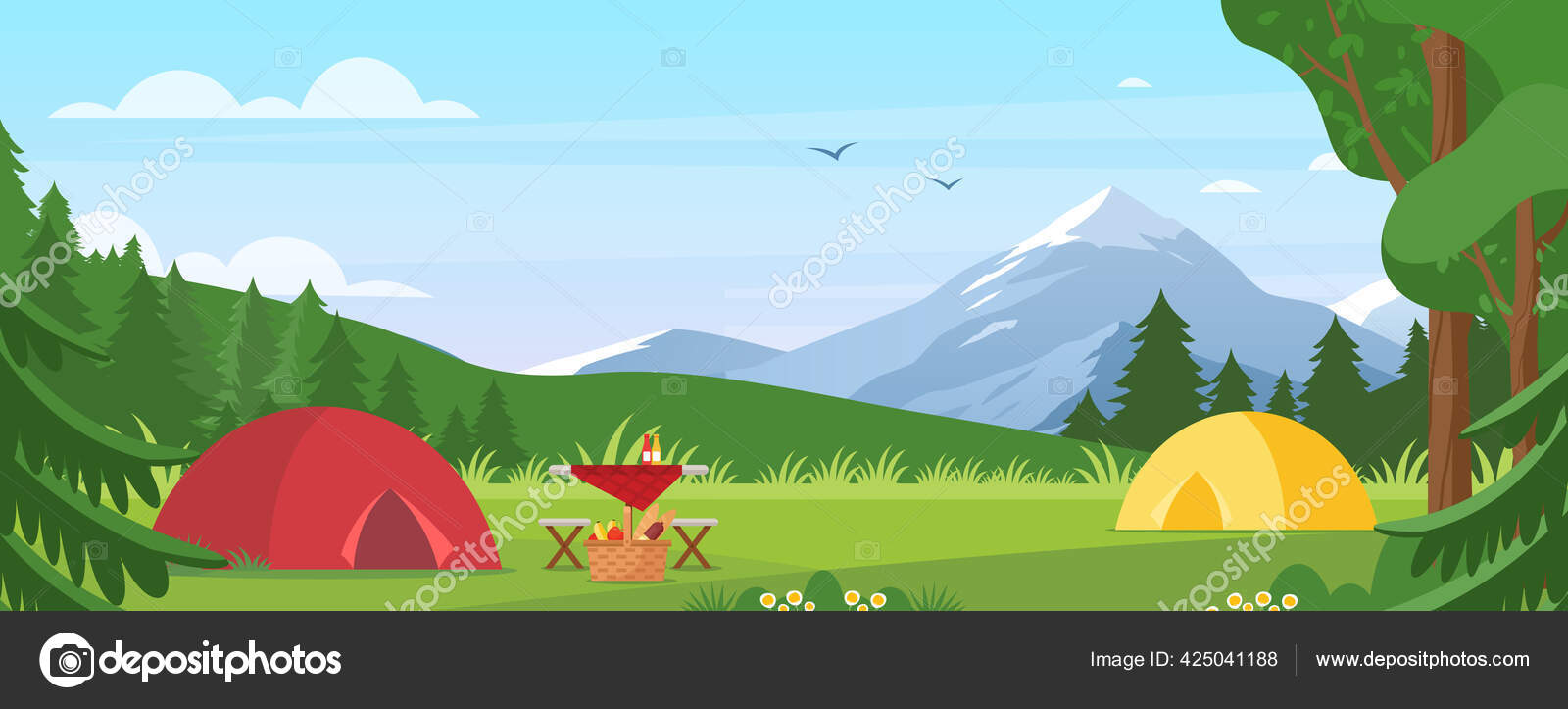 Summer camping vector illustration. Cartoon flat tourist camp with picnic spot and tent among forest, mountain landscape on sunny day. Outdoor nature adventure, active tourism in summertime background Stock Vector Image by © Summer camping vector illustration. Cartoon flat tourist camp with picnic spot and tent among forest, mountain landscape on sunny day. Outdoor nature adventure, active tourism in summertime background Stock Vector Image by ©