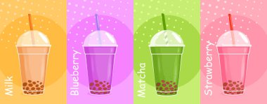 Balonlu çay vektör çizim seti, çizgi film düz Asya soğuk yeşil kibrit çayı, tatlı süt kokteyli, kafe menüsünde çilekli milkshake.