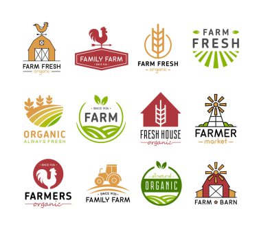 Çiftlik logosu vektör illüstrasyonu, düz logoti veya rozet tasarımı çiftçi pazarı için eko taze organik ürünler, tarım endüstrisi için etiketler