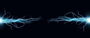 Şimşek gerçekçi vektör illüstrasyonunu etkiler. Şiddetli gök gürültülü elektrik akımı siyah arka planda izole edildi. Mavi şimşek parlaması. Fırtınalı hava sembolü tasarım elementi.