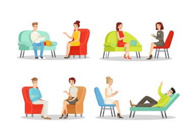 Psikolog randevusu, zihinsel bakım rengi düz vektör illüstrasyon koleksiyonu