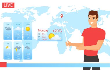 TV hava tahmini vektör illüstrasyonu raporu. Çizgi film düz gülümseyen hava durumu sunucusu karakter haberlerde çalışıyor, erkek meteorolog televizyon arka planında hava durumu ekranı grafiği gösteriyor..