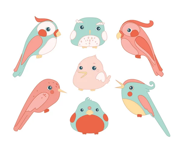 Carino uccelli colore set cartone animato piatto vettore illustrazione isolato su sfondo bianco — Vettoriale Stock