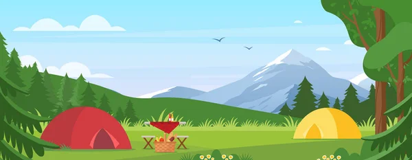 Ilustración vectorial camping verano. Campamento turístico plano de dibujos animados con lugar de picnic y tienda entre el bosque, paisaje de montaña en el día soleado. Naturaleza al aire libre aventura, turismo activo en verano fondo — Vector de stock