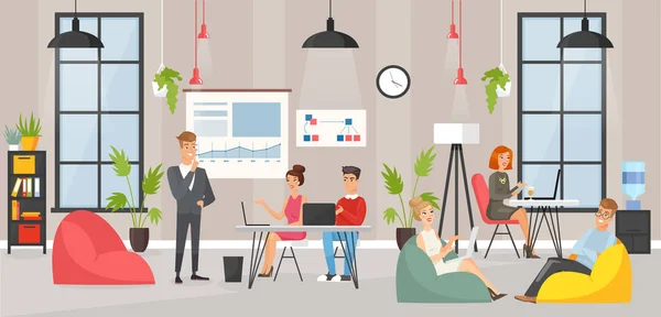 Coworking espacio área vector ilustración, dibujos animados plana gente de negocios, hombre mujer empleado personaje equipo trabajando en el ordenador portátil juntos en el fondo interior de la oficina de moda — Vector de stock