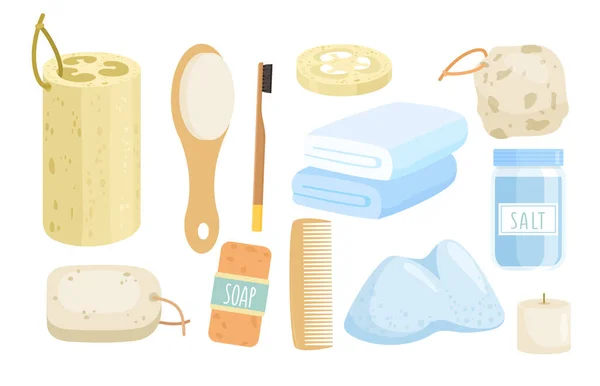 Eco bath accessories vector illustration set, cartoon flat zero waste bathroom collection with wooden comb or toothbrush, loofah sponge, natural sea salt and soap icons — Stock Vector