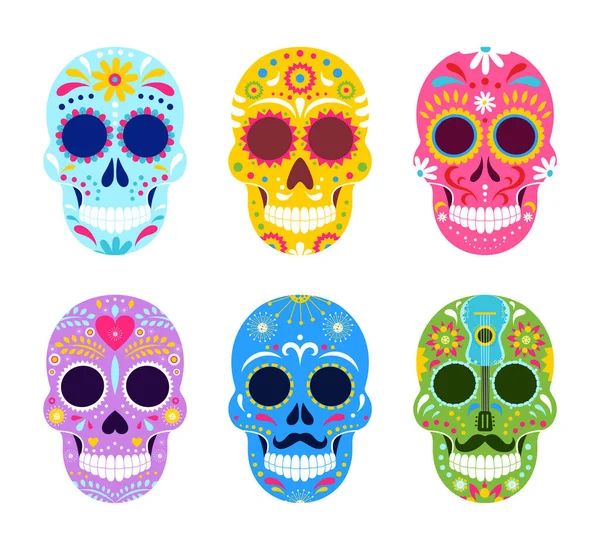 El dia de Muertos, Mexican Day of Dead vector pictures.卡通画：墨西哥骷髅上的传统民间饰品艺术，索姆布罗和吉它，派对图标的骷髅面具，与白色隔离. — 图库矢量图片