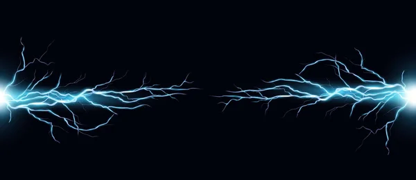 闪电现实的矢量图解.强烈的雷暴放电隔离在黑色背景。蓝色雷电信号弹暴雨天气标志设计元素. — 图库矢量图片