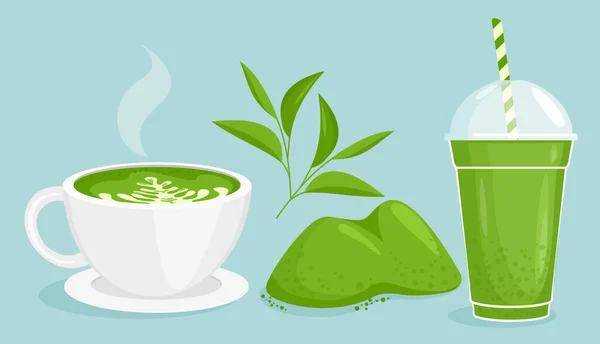 Set di illustrazioni vettoriali del tè Matcha, polvere e foglia verde piatta del fumetto, delizioso tè bollente, tazza calda di latte matcha dalle icone isolate dell'Asia — Vettoriale Stock