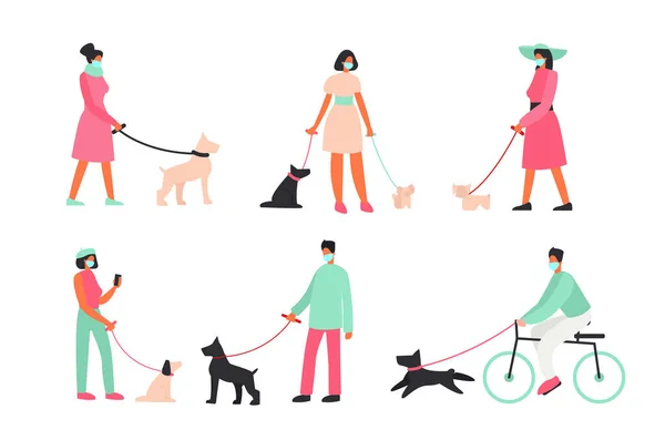 Vector Illustration Set von Menschen mit medizinischen Schutzmasken, Menschen, die mit Hunden draußen spazieren gehen. Schutz, Virus, Workout mit Hund im flachen Cartoon-Stil. — Stockvektor