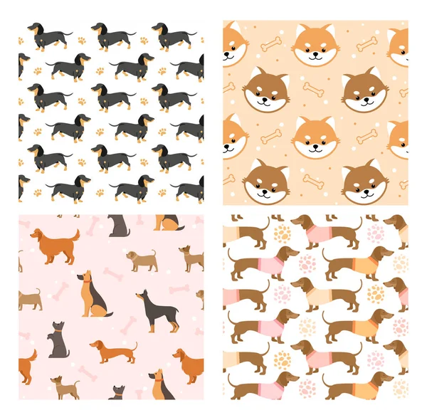 Hund husdjur sömlösa mönster vektor illustrationer, tecknad söt platt djur bakgrund set med svart brun hund eller rolig valp ansikte design för dekoration, omslagspapper — Stock vektor