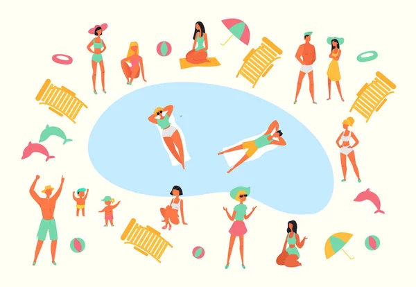 Relajación personas en piscina diseño plano estilo vector gráfico ilustración verano concepto — Vector de stock