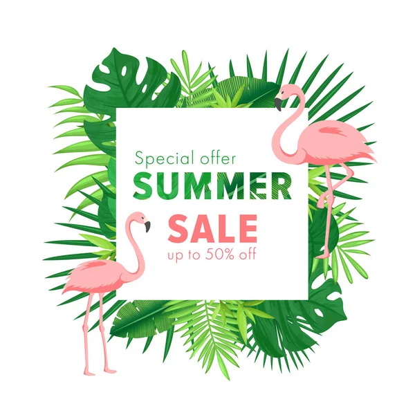 Sommar försäljning vektor illustration. Tecknad platt banner med djungel palm tropiskt blad och flamingo. Rabatt design bakgrund, specialerbjudanden marknadsföring företag reklam sommar försäljning. — Stock vektor