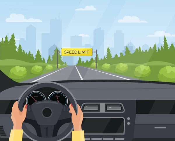 Водительская концепция безопасности автомобиля векторная иллюстрация, мультфильм плоский водитель руки водить автомобиль на асфальтированной дороге с ограничением скорости, безопасный знак на фоне шоссе — стоковый вектор