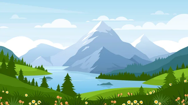 春の夏の美しい自然、花、森、風光明媚な青い湖、水平線の背景に山と緑の草原の牧草地の漫画フラットパノラマ、山の湖の風景ベクトル図. — ストックベクタ