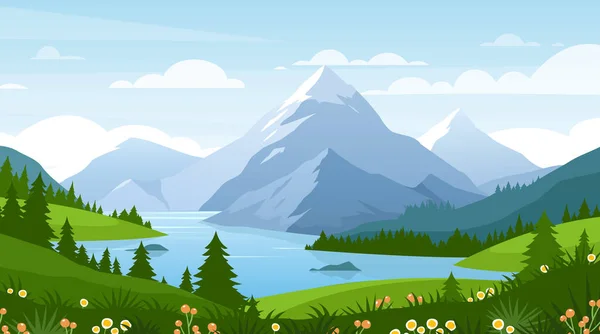 Cartoon flaches Panorama des Frühlings Sommer schöne Natur, grüne Wiesen Wiese mit Blumen, Wald, malerischen blauen See, Berge am Horizont Hintergrund, Bergsee Landschaft Vektor Illustration. — Stockvektor