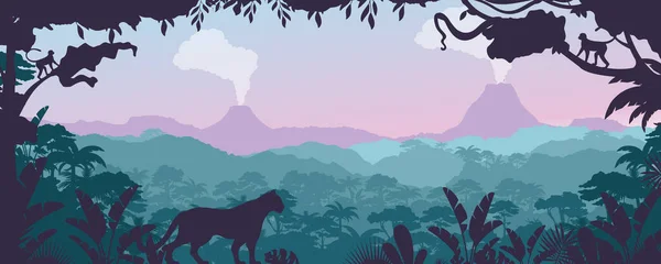 Selva tropical, ilustración del vector de paisaje forestal, naturaleza plana de dibujos animados de trópicos, panorama con jaguar y animal mono en el fondo de la selva tropical — Vector de stock