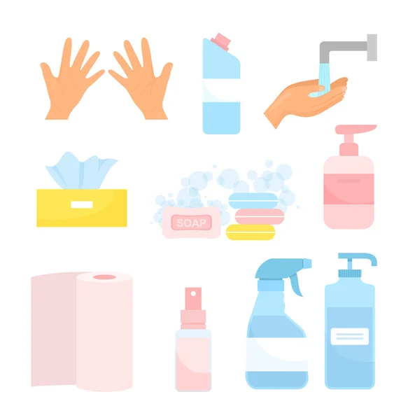 Was handen vector illustratie, cartoon platte hygiëne icoon set met zeep reinigingsmiddel, spray reinigingsmiddel in fles, desinfecteren reinigingsgel geïsoleerd op wit — Stockvector