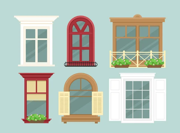 Vector Illustration Set von detaillierten verschiedenen bunten Fenstern mit Blumen, Dekorationen und Fensterbänke, Vorhänge. Flacher Cartoon-Stil. Fenster, Dekorkonzept für das Äußere. — Stockvektor