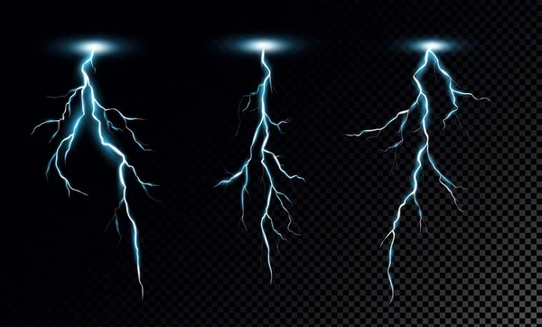 闪电螺栓现实矢量插图集.雷暴放电隔离在透明的背景下.自然现象，蓝色闪电. — 图库矢量图片