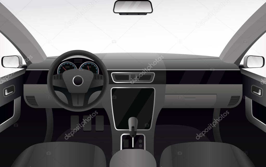Car dashboard, auto salon interior vector illustration, cartoon flat inside automobile cabin with windshield, armchair and steering wheel dark background