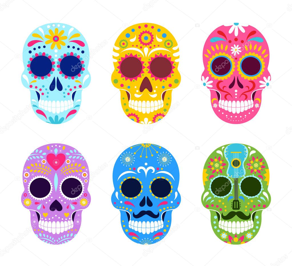 El dia de Muertos, Mexican Day of Dead vector illustrations. Cartoon traditional folk ornament art on dead skulls from Mexico, sombrero and guitar, skeleton masks for party icon set isolated on white