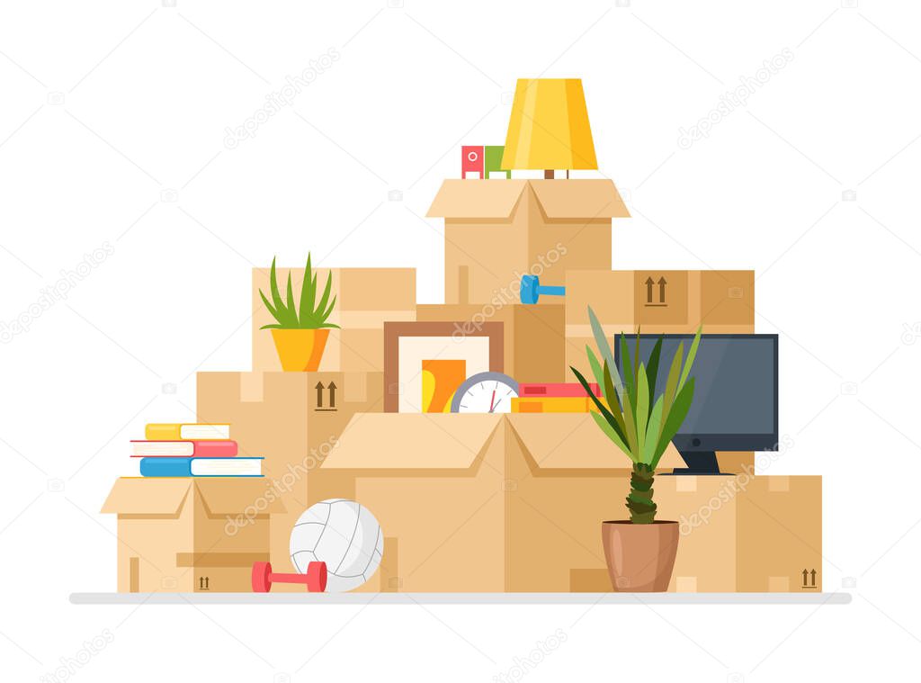 Moving to new house vector illustration, cartoon flat pile of cardboard boxes with household things, clothes, ball and books packed in containers isolated on white