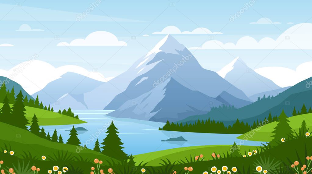 Cartoon flat panorama of spring summer beautiful nature, green grasslands meadow with flowers, forest, scenic blue lake, mountains on horizon background, mountain lake landscape vector illustration.