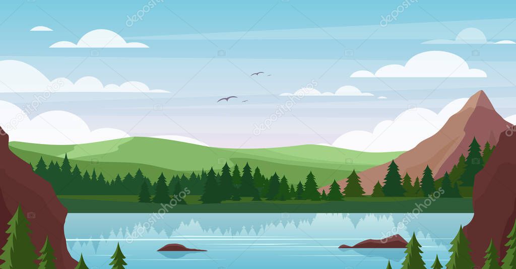 Mountain lake landscape vector illustration, cartoon flat summer nature, picturesque mountainous scenery with blue lake waters, pine forest background
