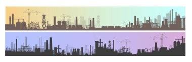 Sanayi, fabrika ve imalat vektör çizimi, karikatür düz endüstriyel panoramik alan imalat tesisleri arka planı