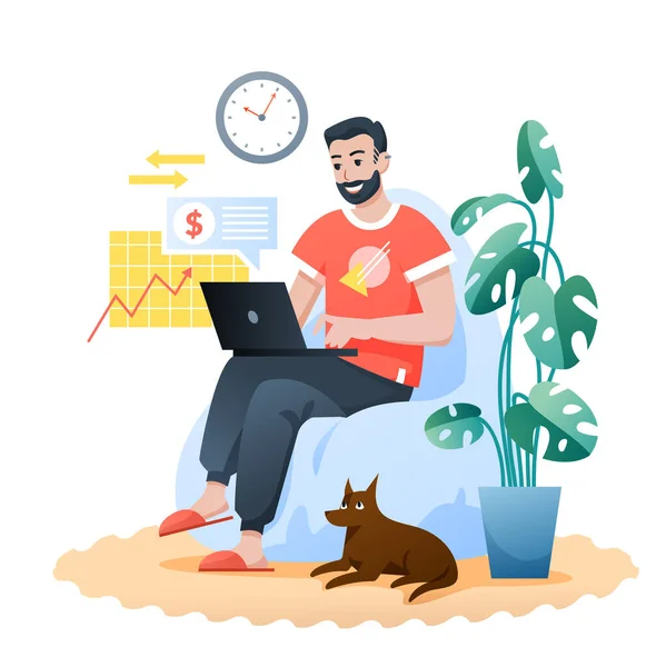 Freelance home work flat vector illustration, desenho animado barbudo hipster feliz sentado em poltrona moderna, homem freelancer personagem trabalhando em casa isolado em branco —  Vetores de Stock